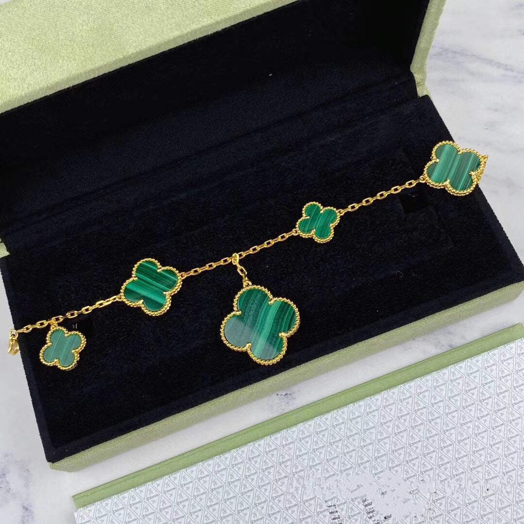 [TENDANCES]BRACELET MAGIQUE TRÈFLE MALACHITE OR 5 MOTIFS