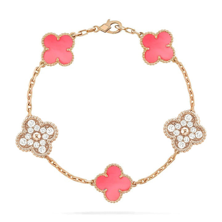 [TENDENCIAS] PULSERA DE ORO ROSA CON 5 MOTIVOS DE TRÉBOL Y DIAMANTES