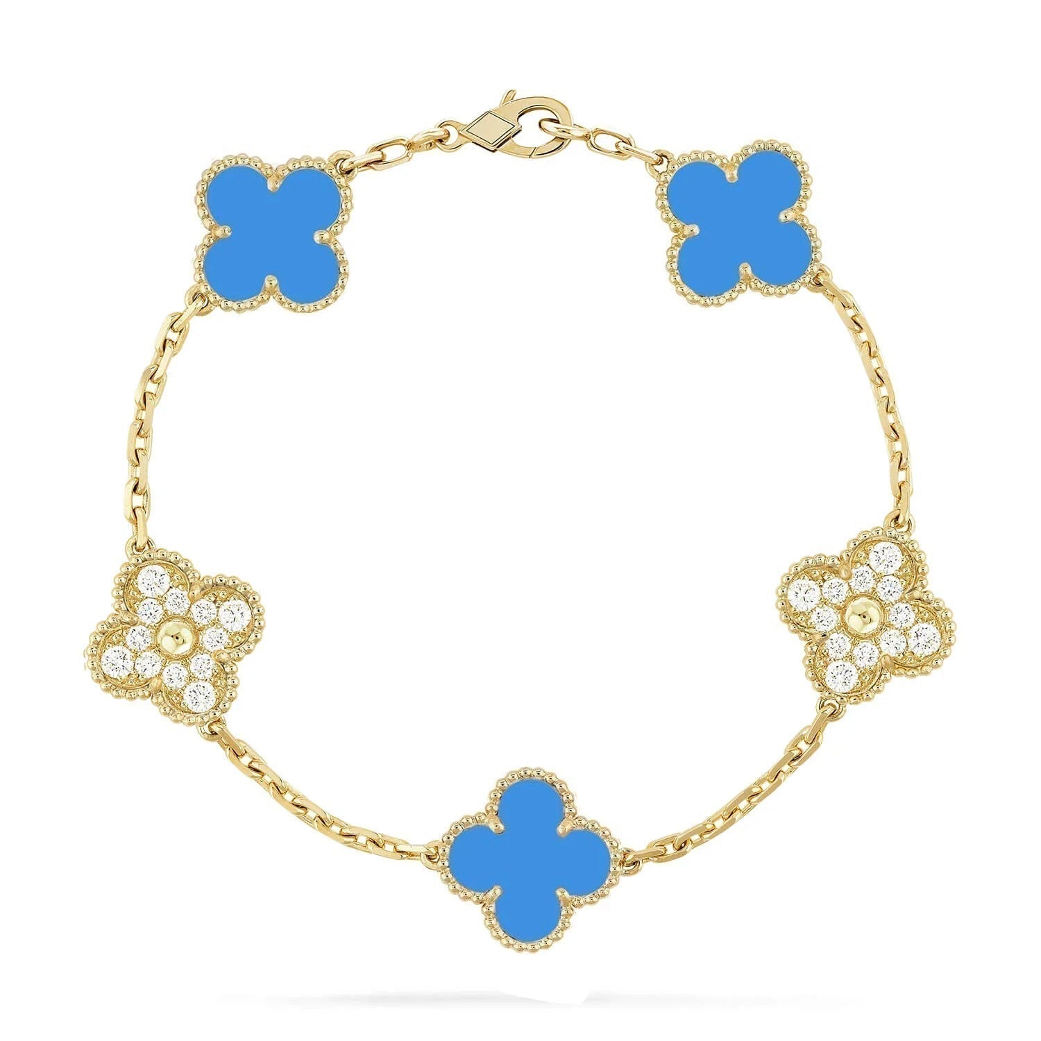 [TENDENCIAS] PULSERA DE ORO CON DIAMANTES Y CALCEDONIA AZUL CON MOTIVO DE TRÉBOL 5 