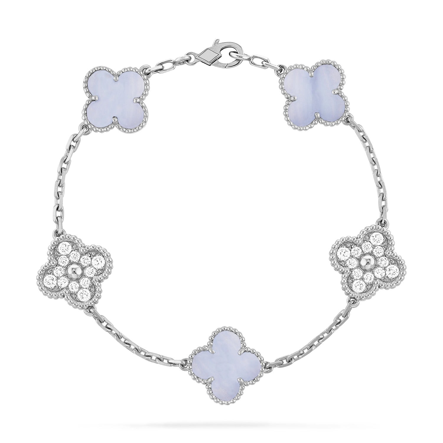 [TENDENCIAS] PULSERA DE PLATA CON 5 MOTIVOS DE TRÉBOL, DIAMANTES Y CALCEDONIA PÚRPURA 