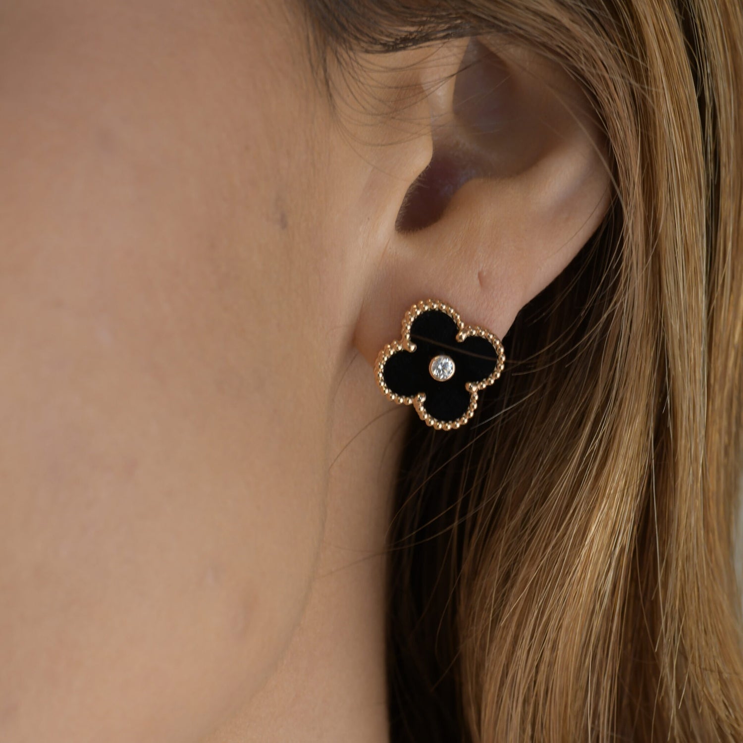 [TENDANCES]CLOVER MEDIUM 1 BOUCLES D'OREILLES ONYX DIAMANT